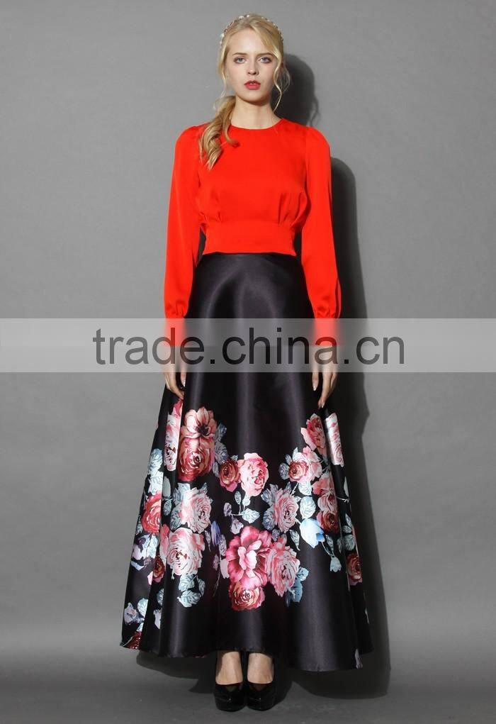 2016 Guangzhou Shandao Latest Design Women Autumn New Western Flower Printed Ruffle Satin Long Maxi Skirt