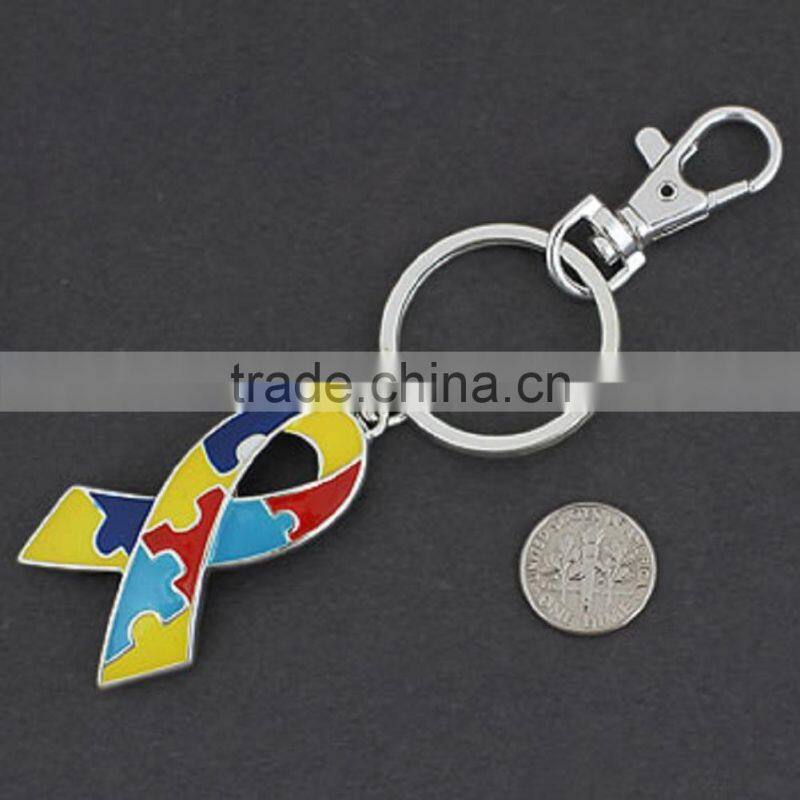 Colorful Epoxy Autism Awareness Ribbon Pendant Metal Keychain