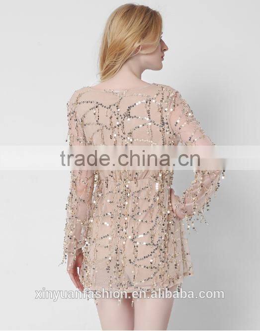 New long sleeves deep V sexy dress net yarn tassel sequins skirt summer