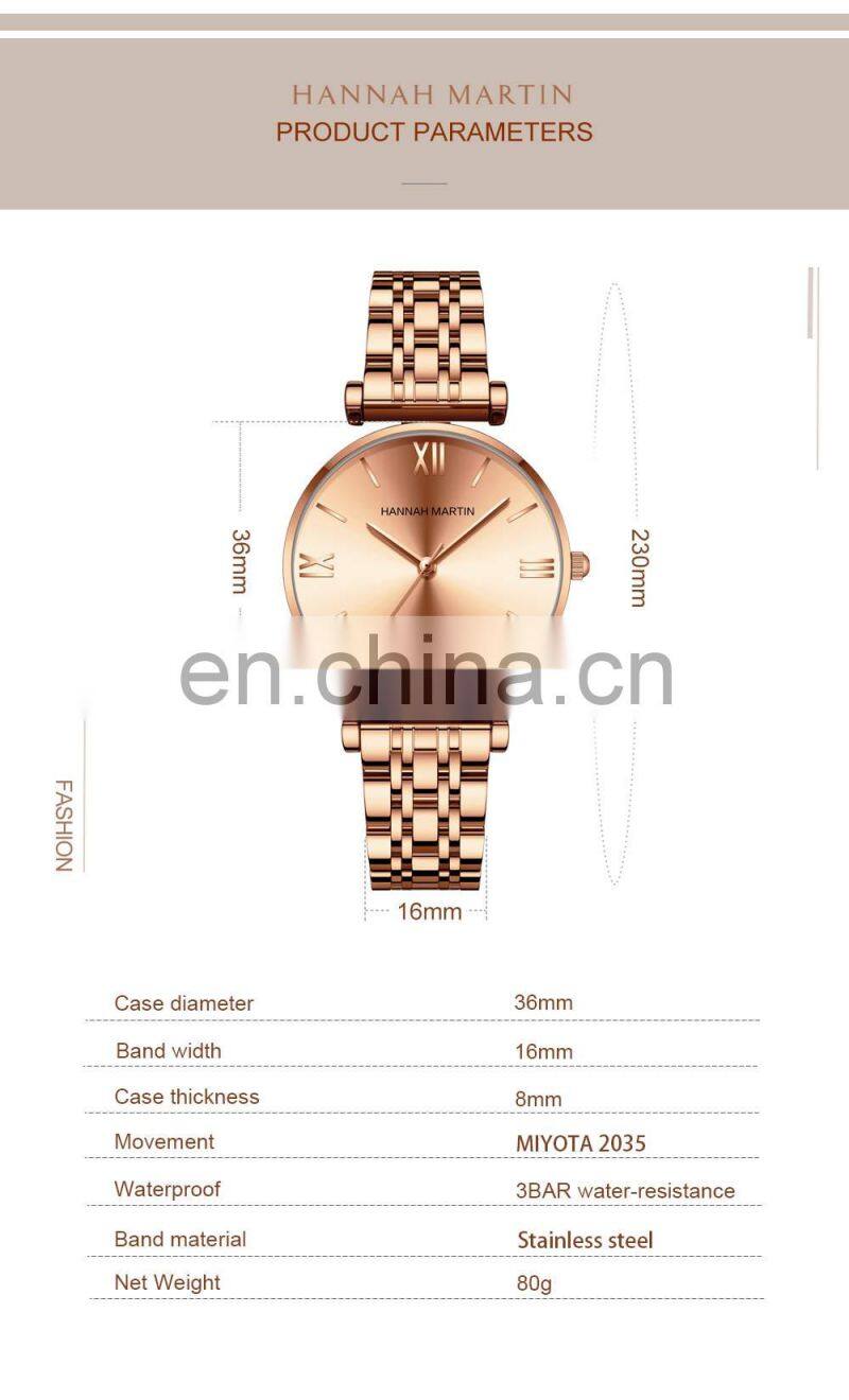 HANNAH MARTIN 1522 Womens Quartz Watch Luxury Bracelet Gold Waterproof Ladies Watch