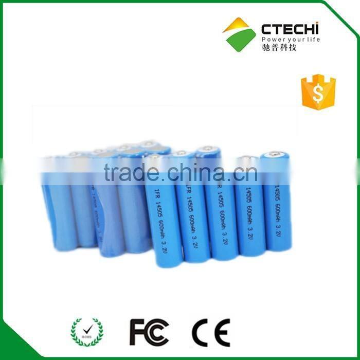 3.2v 14500 IFR battery,LiFePO4 Cylindrical battery rechargeable 600mah