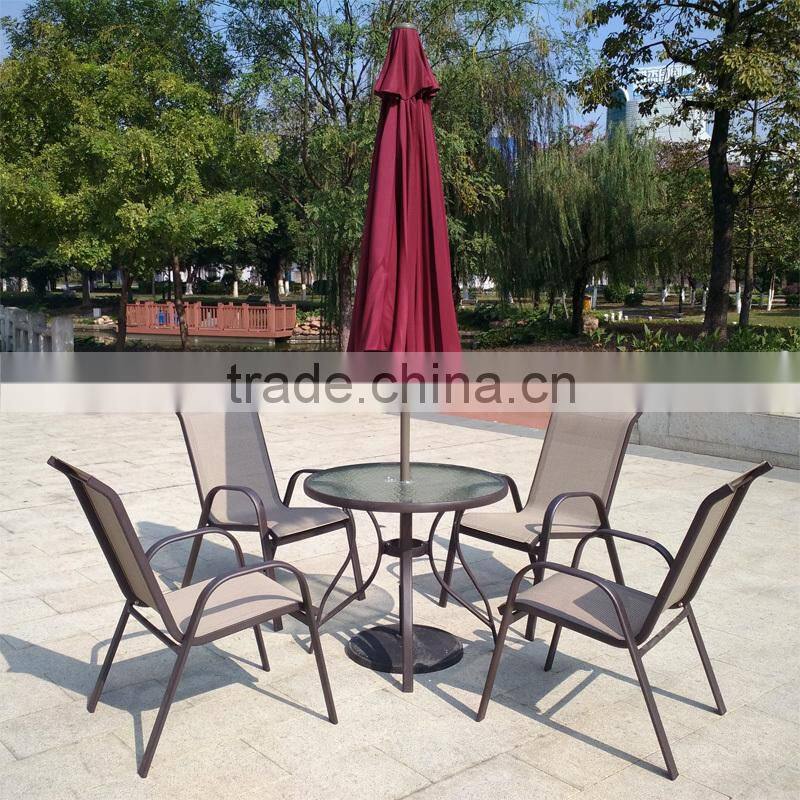 6 piece Outdoor Garden Patio Furniture Glass Aluminum Dining Table Sling Chair Umbrella Set