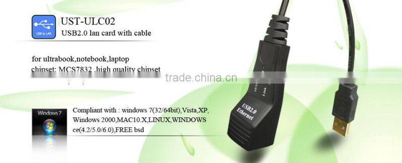 blak High Speed 480Mbps USB2.0 Lan Card with cable,with led light