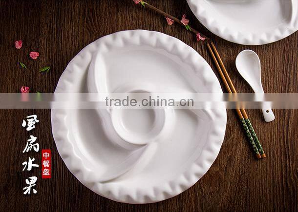 White ceramic dinner division fan shape round plate for home restaurant