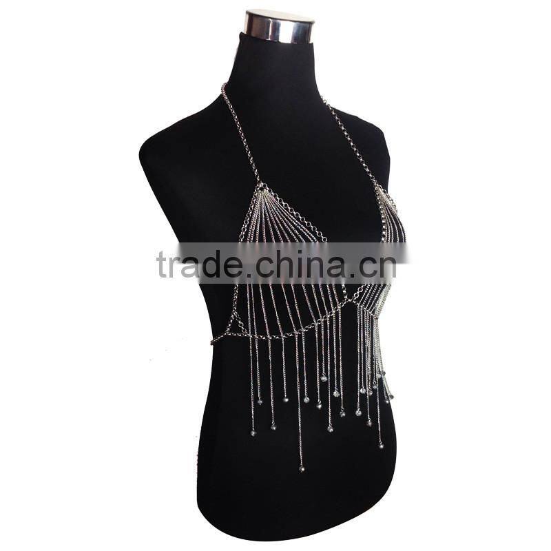 Multi Chain Necklace Long European And American Big Exaggerated Alloy Body Chain Tassel Silver Crystal Necklace