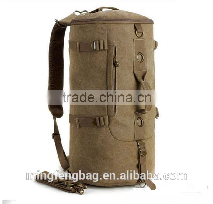 Men Vintage Canvas Leather Hiking Travel Cylinder Messenger Tote Bag Backpack