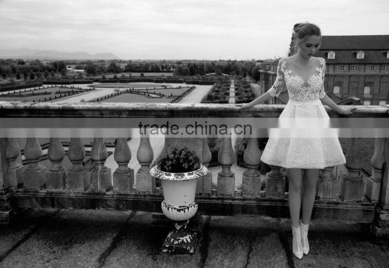 (MY16601) MARRY YOU Sexy Half Sleeve See Through Lace Bodice Short Wedding Dresses