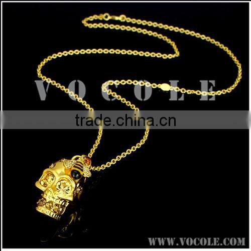 delicate skull design with zircons pendant long chain thin necklace