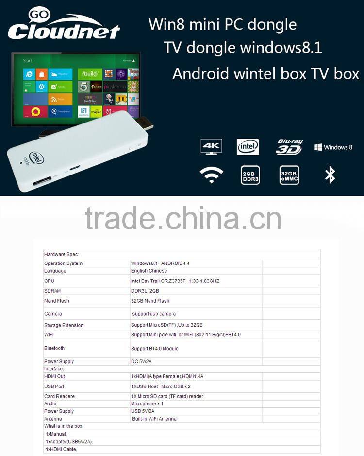 2015 Cloudnetgolatest Intel Quad Core Z3735Fwindows mini pc dongle TV dongle windows8.1 Android Ubantu set top box compute stick