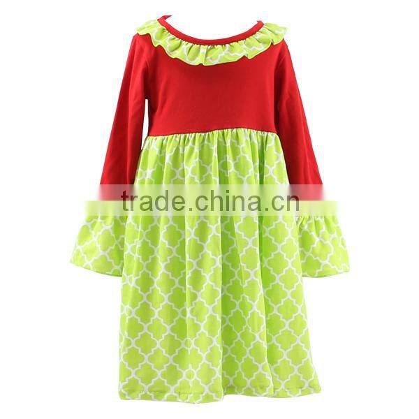 Children frock model baby Christmas dress wholesale long sleeve dress quatrefoil print dress