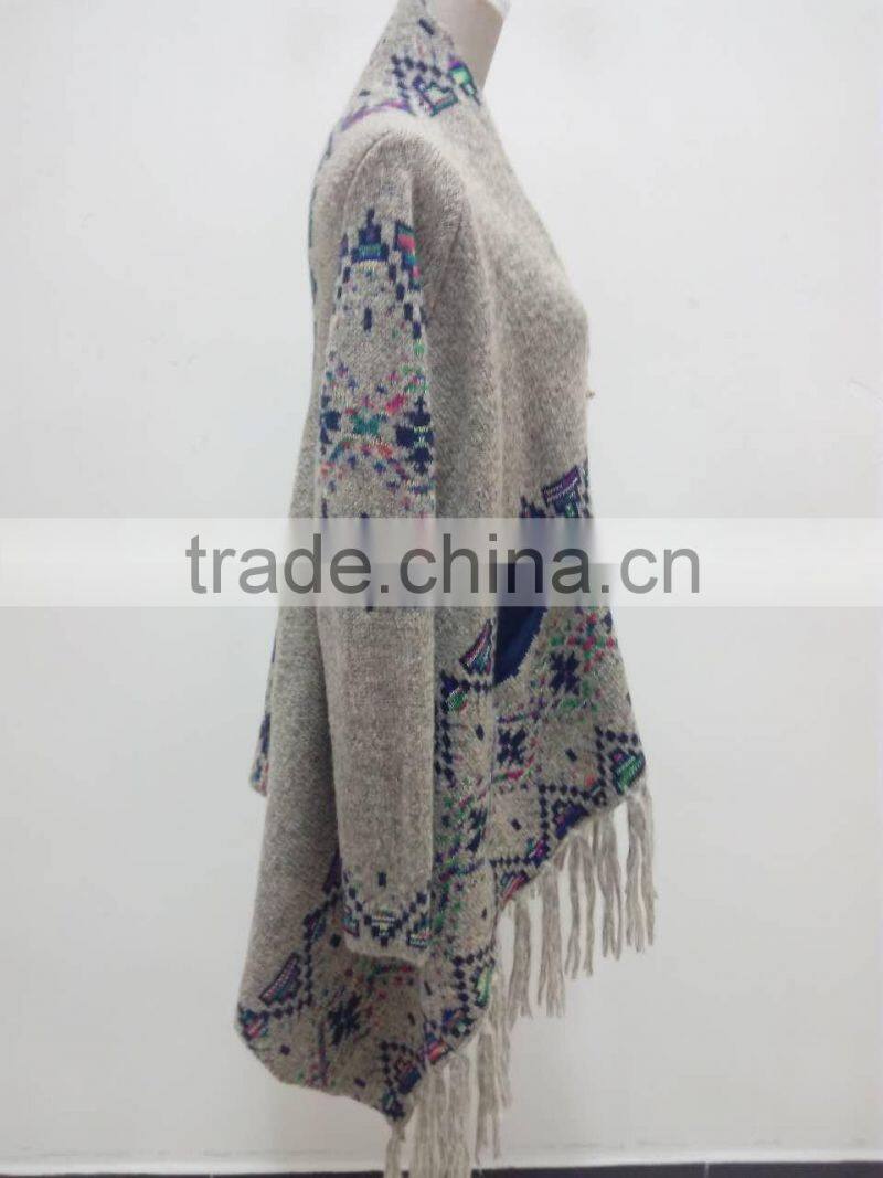 Ladies elegant multi color knitted cardigan with fringes
