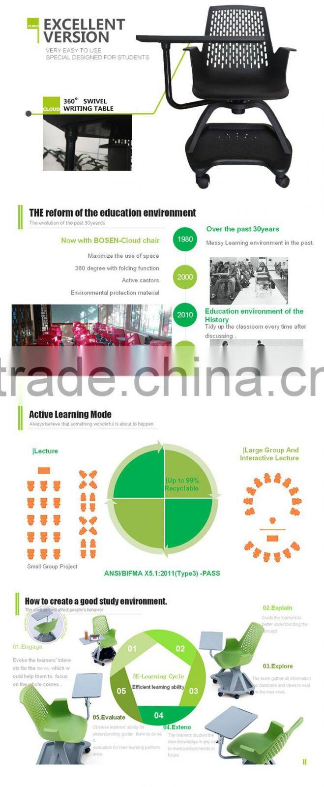 2016 creative design school chair with tablet