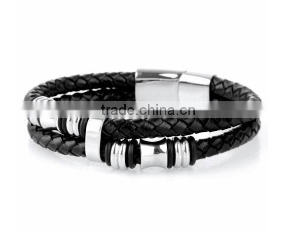 OEM manufacturer men's stainless steel black magnetic wrap leather bracelet