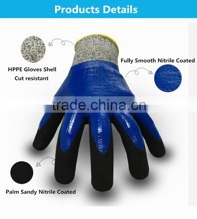 Double nitrile dip level 5 cut protection hand gloves
