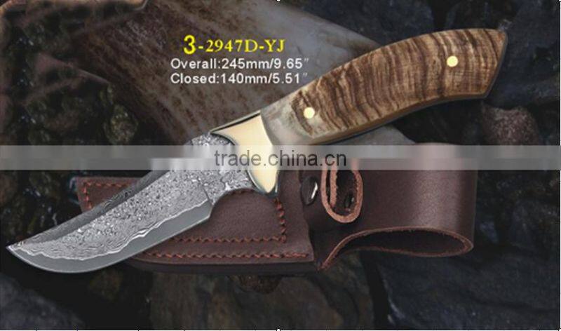 OEM handmade Damascus collection folding knife, mountain hiking small knife, natural wood handle
