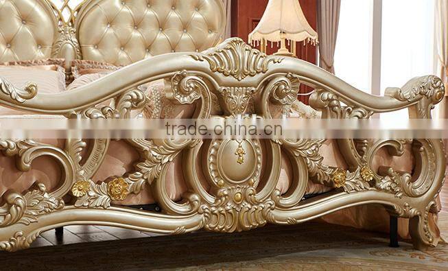 Solid wood champagne gold carving double bed with leather headboard