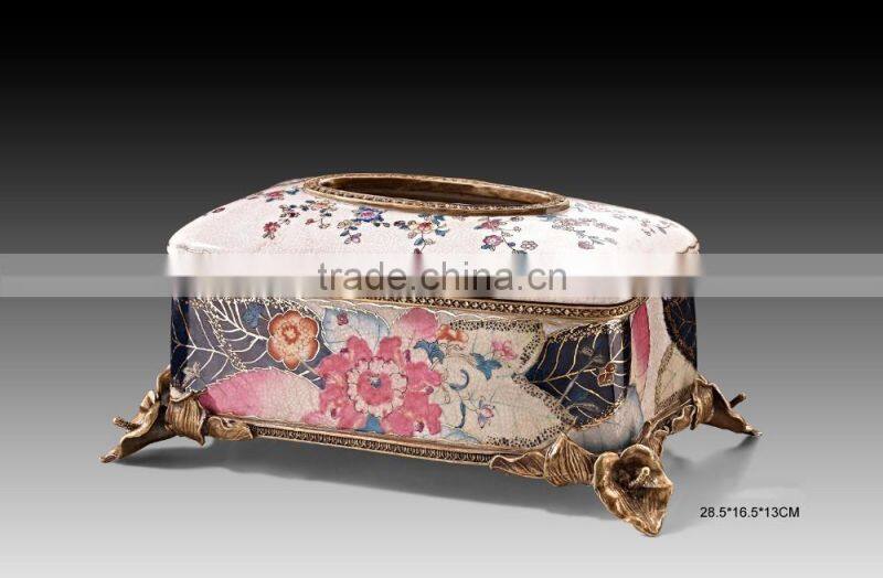 Luxury red color ceramic brass carving decorative tissue box
