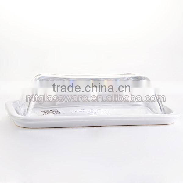 Glass Cover and Ceramic Butter Serving Tray Set