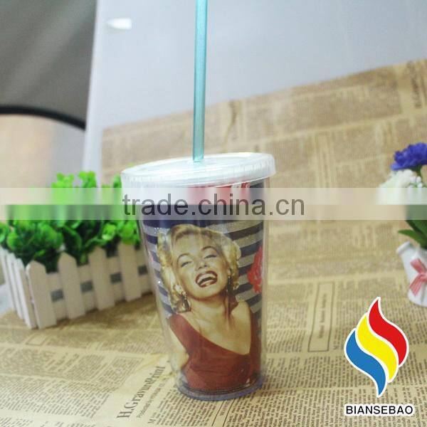 promotional plastic cup , cheap 450ml PS travel cup with straw