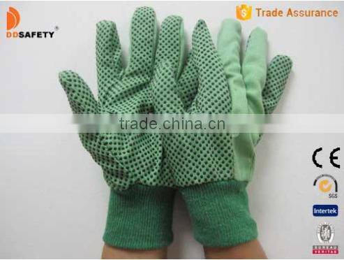 DDSAFETY 2017 Hot Sellinh Green Cotton Drill Gloves With Black Dots Canvas Chore Working Gloves