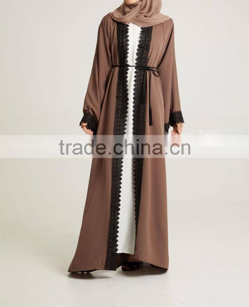 Dubai wholesale clothing 2017 Tassle belt Lace detailing Pop up buttons Mocha Nida Open Dubai Abaya