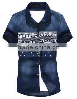 Men's Printed Denim Shirts Short Sleeve Denim Shirt For Men Washed Denim Casual Shirt