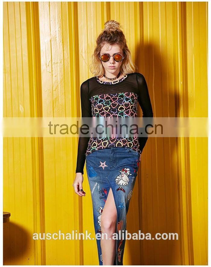 european style ladies front split embroidered long denim skirts