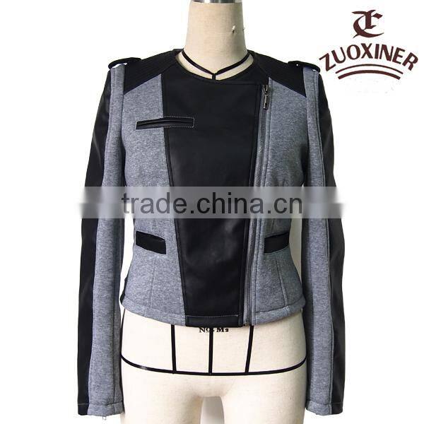 women knit polar fleece jacket with pu jacket factory
