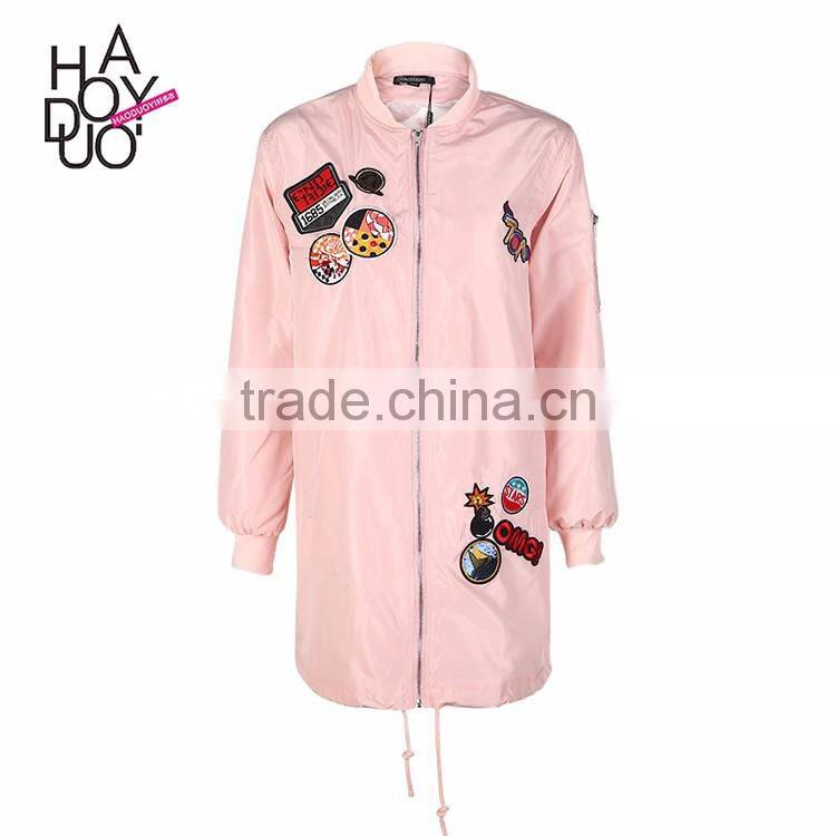 HAODUOYI Women Trench Coat Printed Pink Pockrts Zipper Loose Long Sleeve Coat Elegant Lady Coat