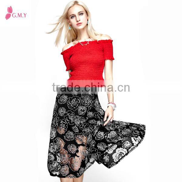 Western Style Rose Floral A-Line Skirt / Sexy Women Over Knee Skirt