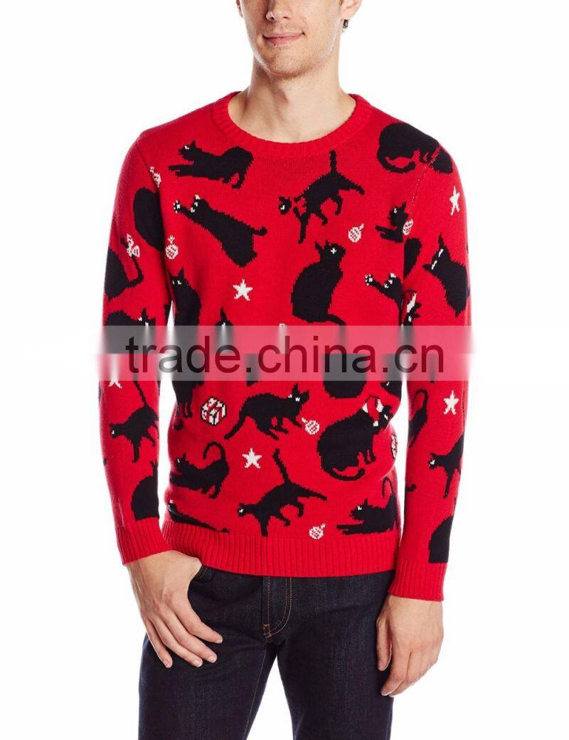 Men Red Sweater Allover Black Knitted Pattern Led Light Sweater For Christmas