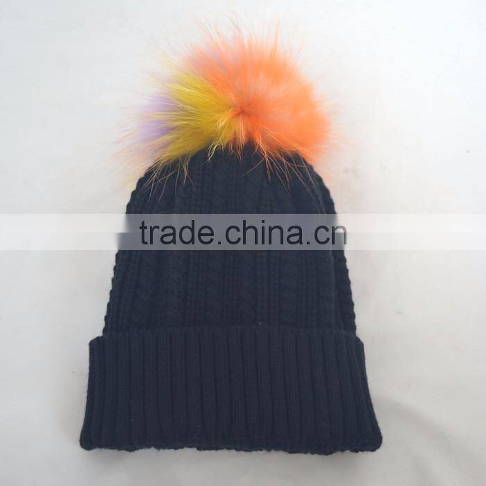 Myfur Rainbow Color Real Fur Pompom Woolen Knit Beanie Hat Wholesale