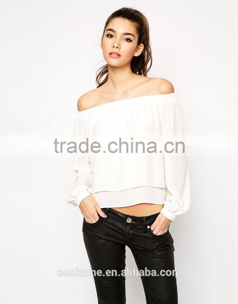 Cold shoulder design long sleeves lady blouse fashion new blouse 2015