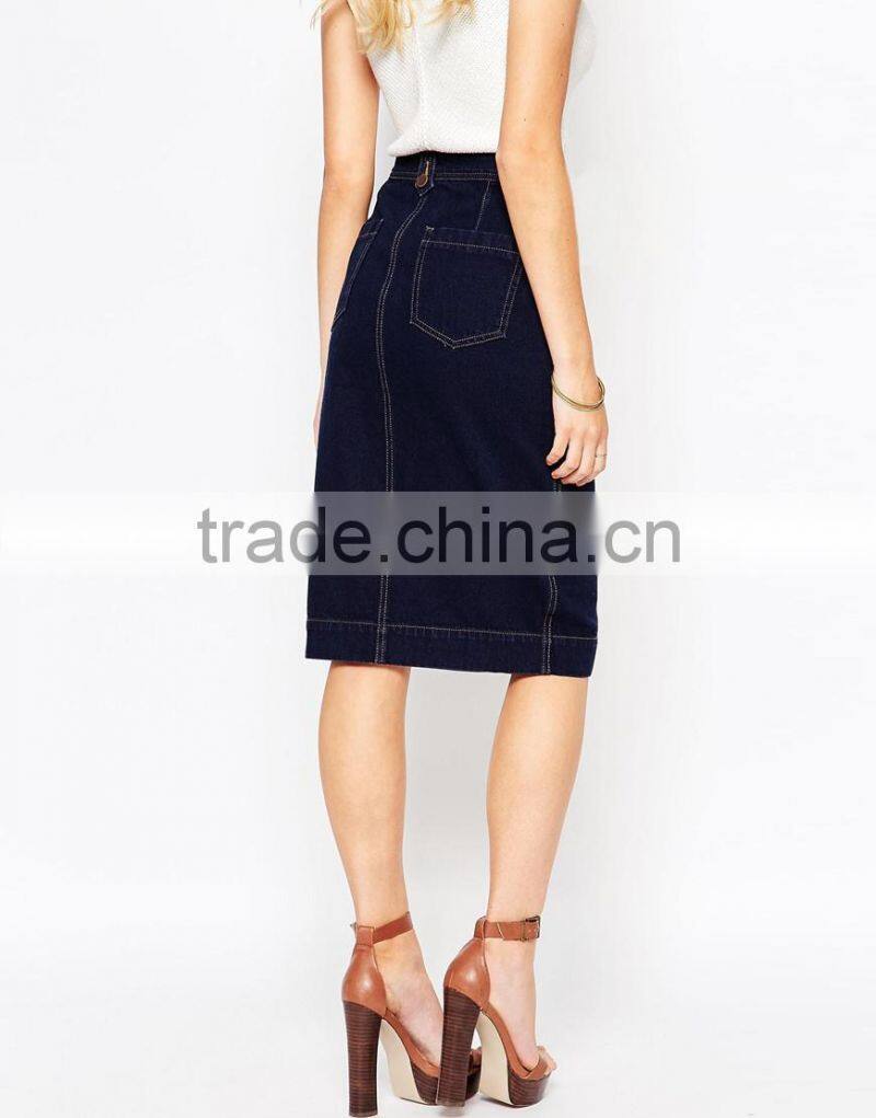 Latest skirt design button through denim skirt lady midi skirt