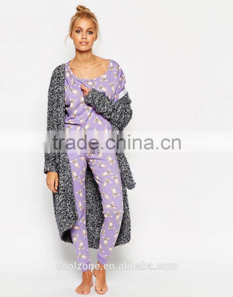 100% Cotton soft touch jersey pajama set women print pajama