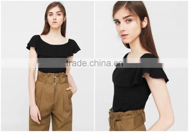 New arrivals fashion striped ruffled trim accordion pleated mature ladies blouse