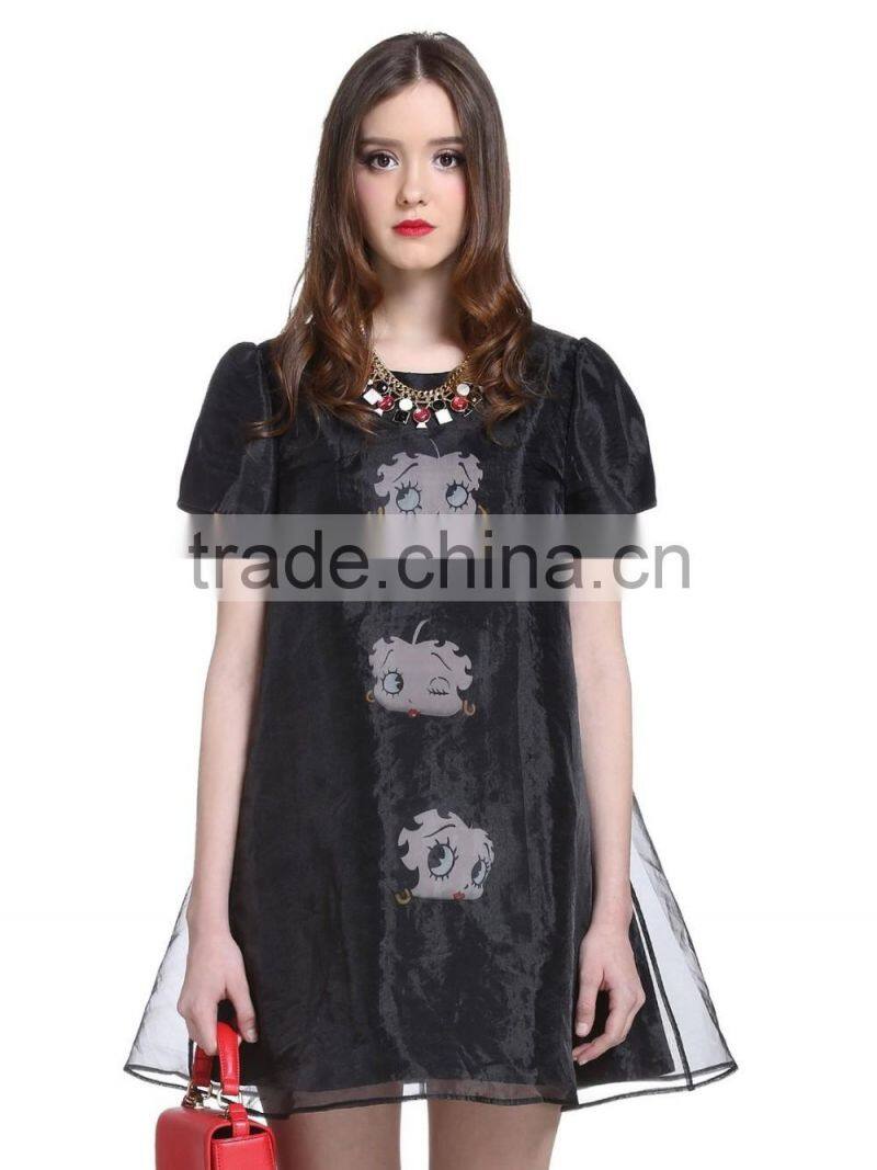Black Organza cartoon printing polyester loose sleeveless A-line dress
