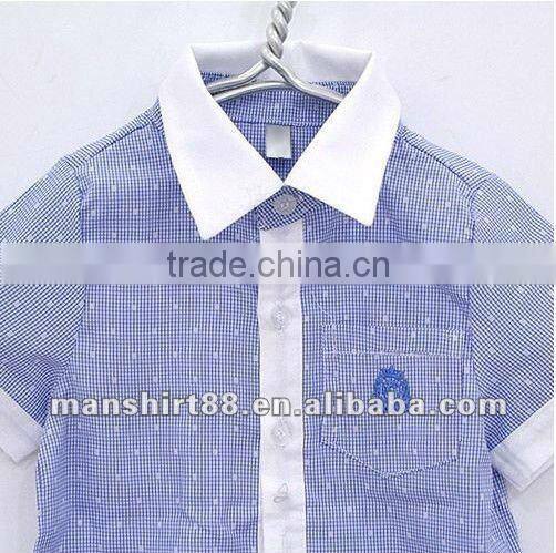 new Comfortable lovely style Blue Small-checked printed boys shirts with white beautiful collar