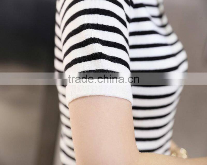 black and white striped short sleeven Turtleneck sweater for women