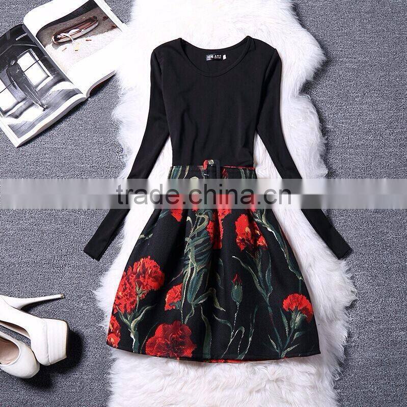 big girl long sleeve check dress/yisx young girl flower printed princess dress/new design girl holiday fashion dress