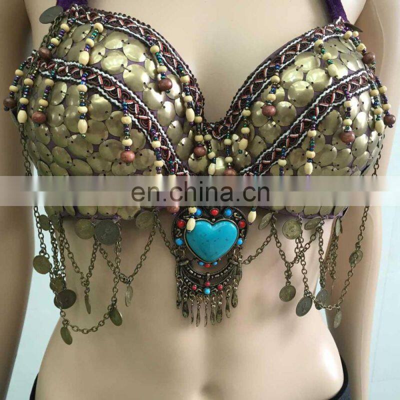 Full copper sequins decorated performance tribal belly dance bra