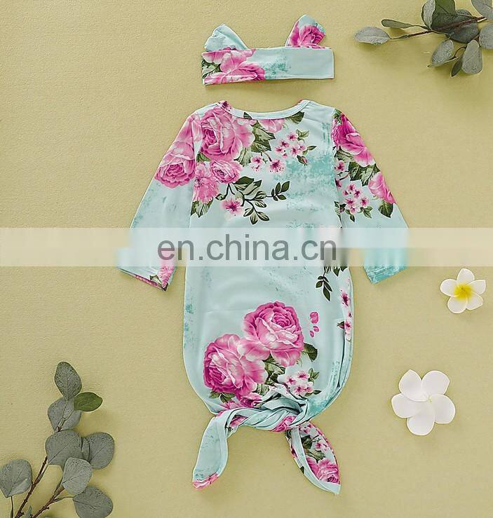 Soft cotton baby sleeping bag with hairband set floral print baby knotted gown