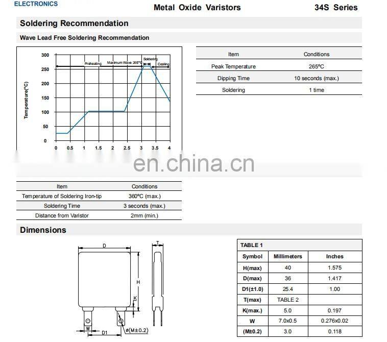 34S511K MOV 47V to 1800V Metal Oxide Varistors
