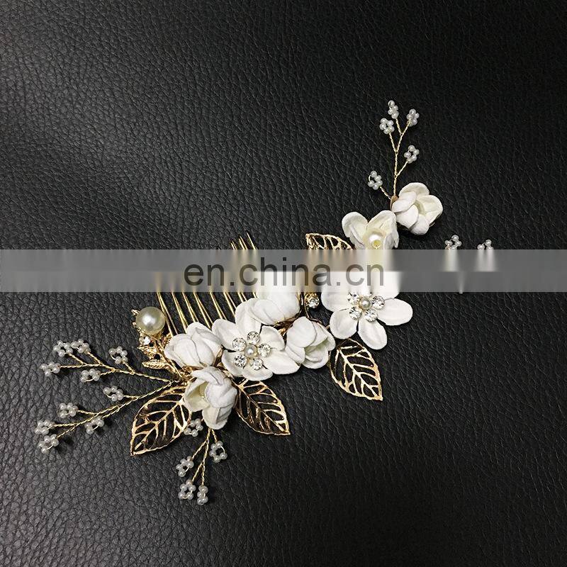 Luxury Blue Flower Hair Combs Headdress Prom Bridal Wedding Hair Accessories Gold Leaves Hair Jewelry