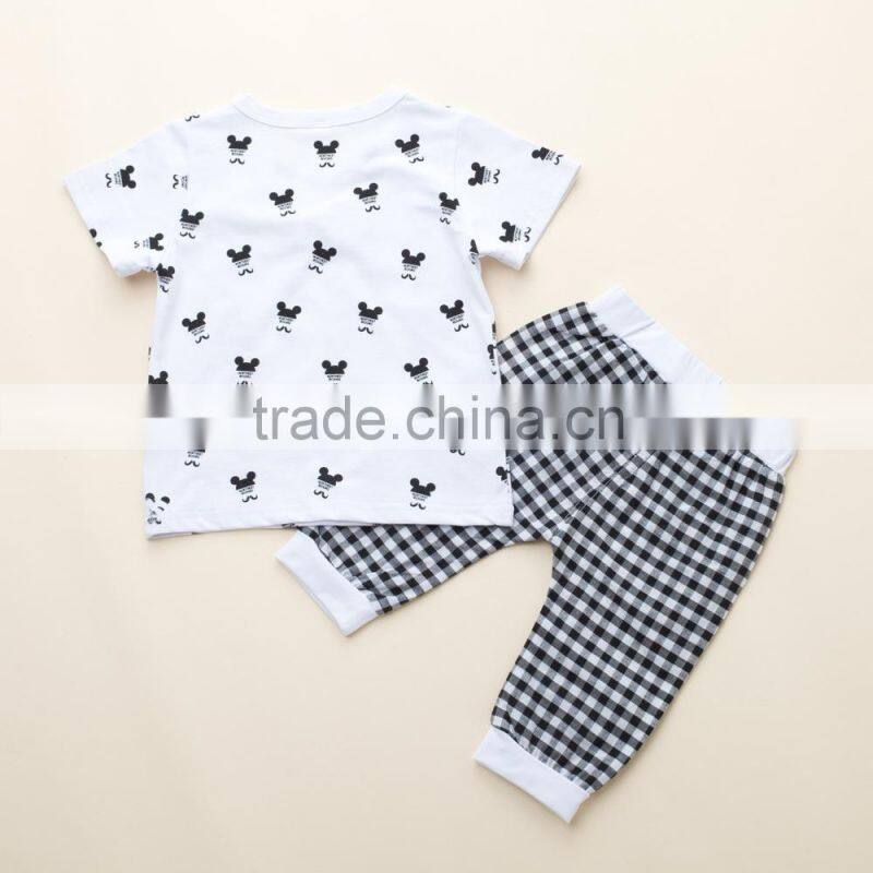 Korean Style Cute Baby Boys Summer Short Sleeve Cotton T-shirt & Grid Pants Baby Clothing Sets