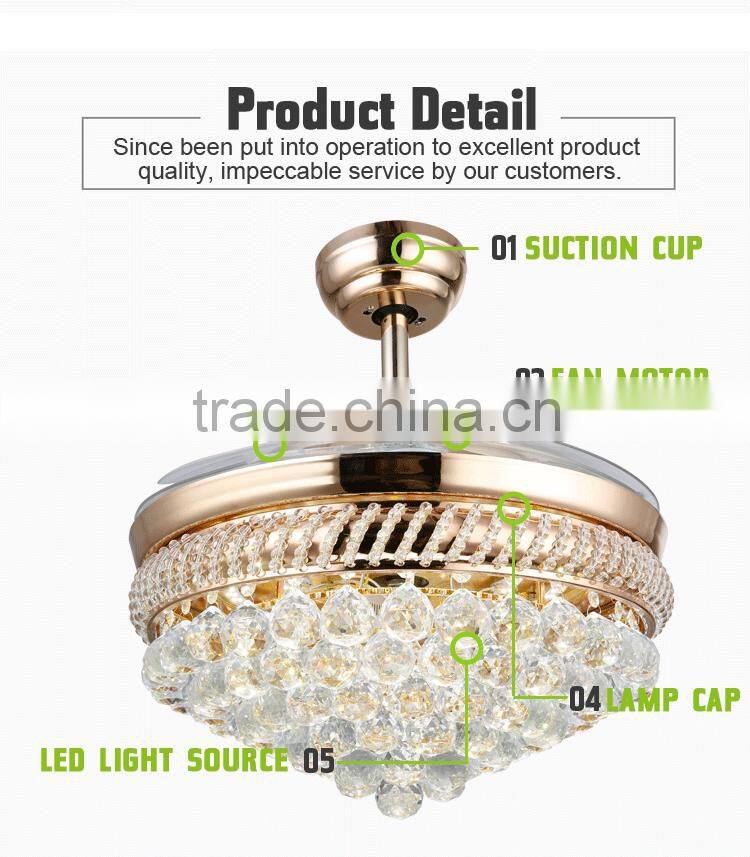 Golden 4 Blades Crystal Remote Ceiling Fans With LED Light