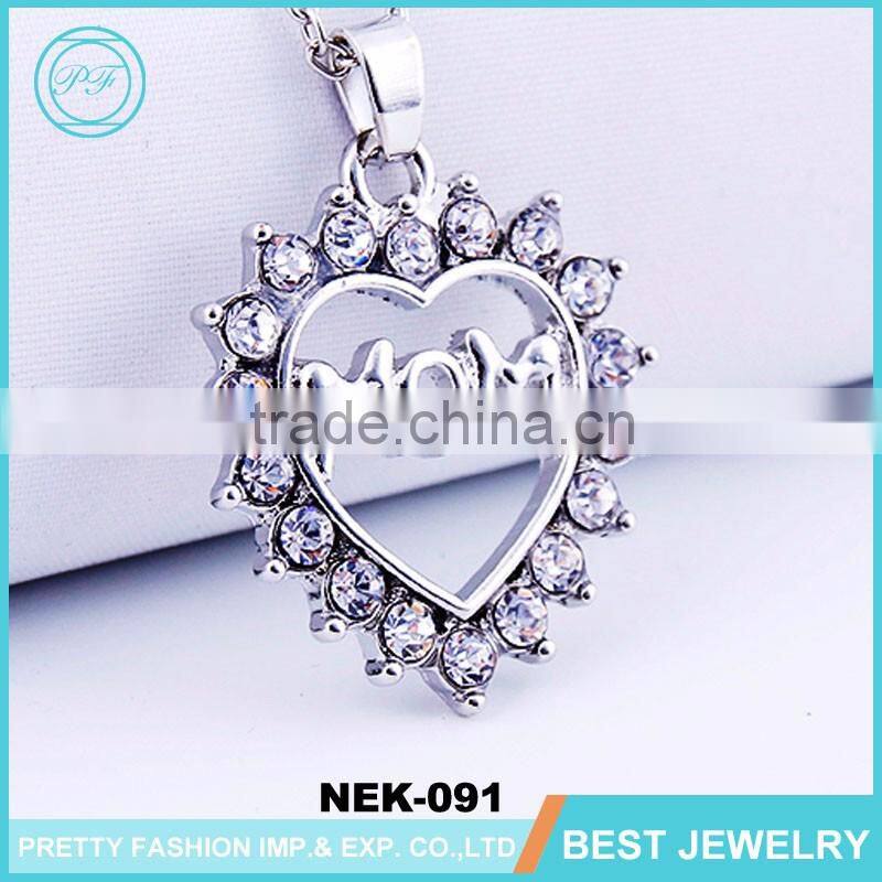 new design silver alloy heart crystal necklace fashion jewelry for mother's day