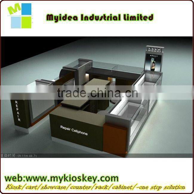 New design hot sale tempered glass wood cell phone kiosk for cell phone shop cellphone store display fixture
