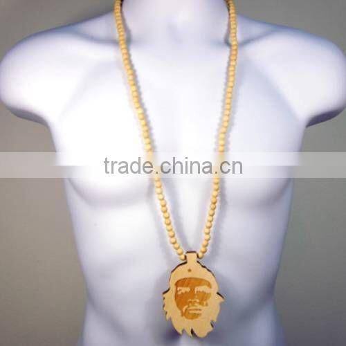 Hip Hop Face Wooden Beaded Pendant 36" Chain Necklace
