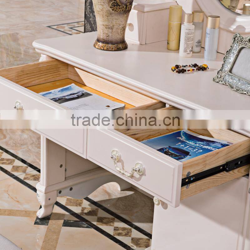 Luxury Antique European French Baroque Style Ivory White Hand Carved Wooden MDF Vanity Dressing Table Set